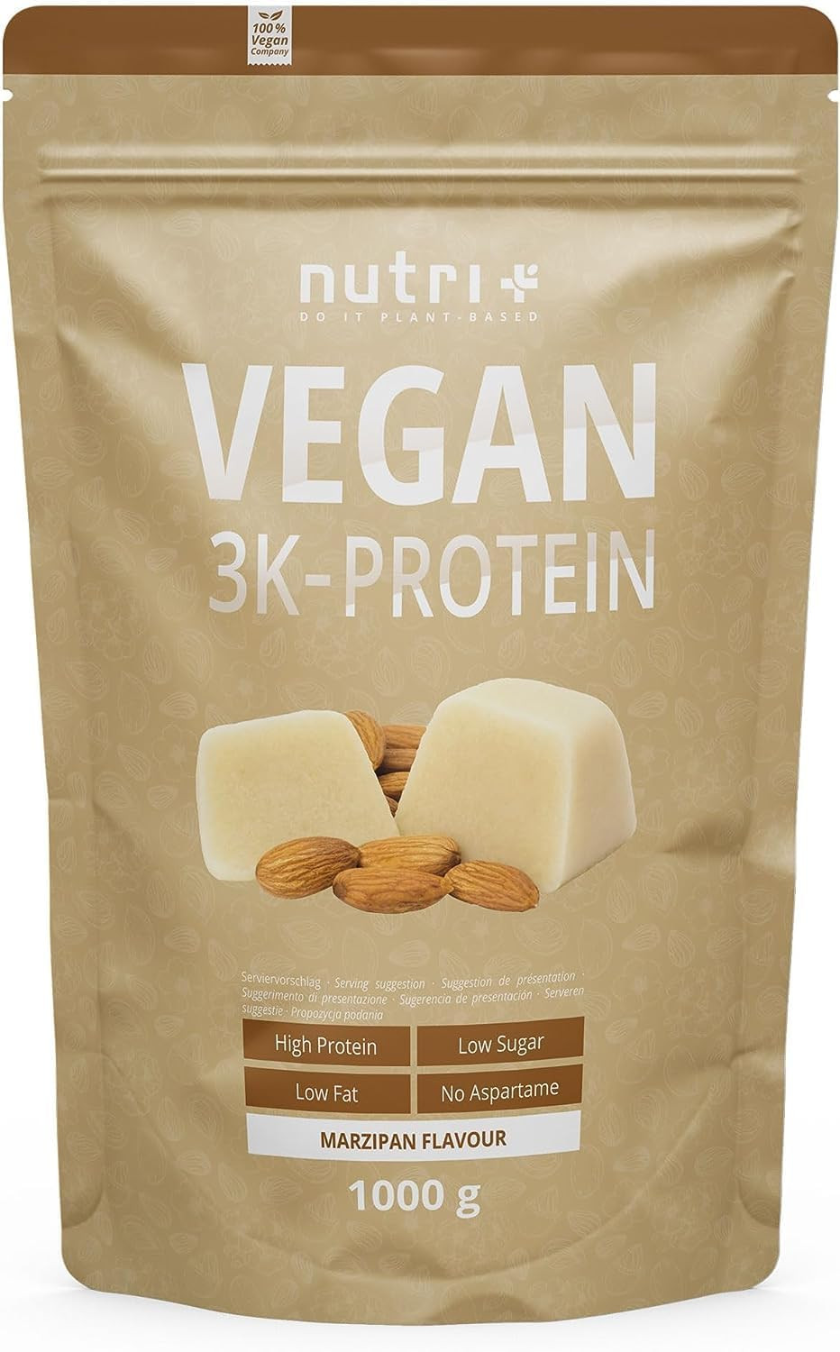 Nutri+ Proteine Vegane 3K Marzapane 1Kg - 83% Proteina - Miscela Proteica Polver