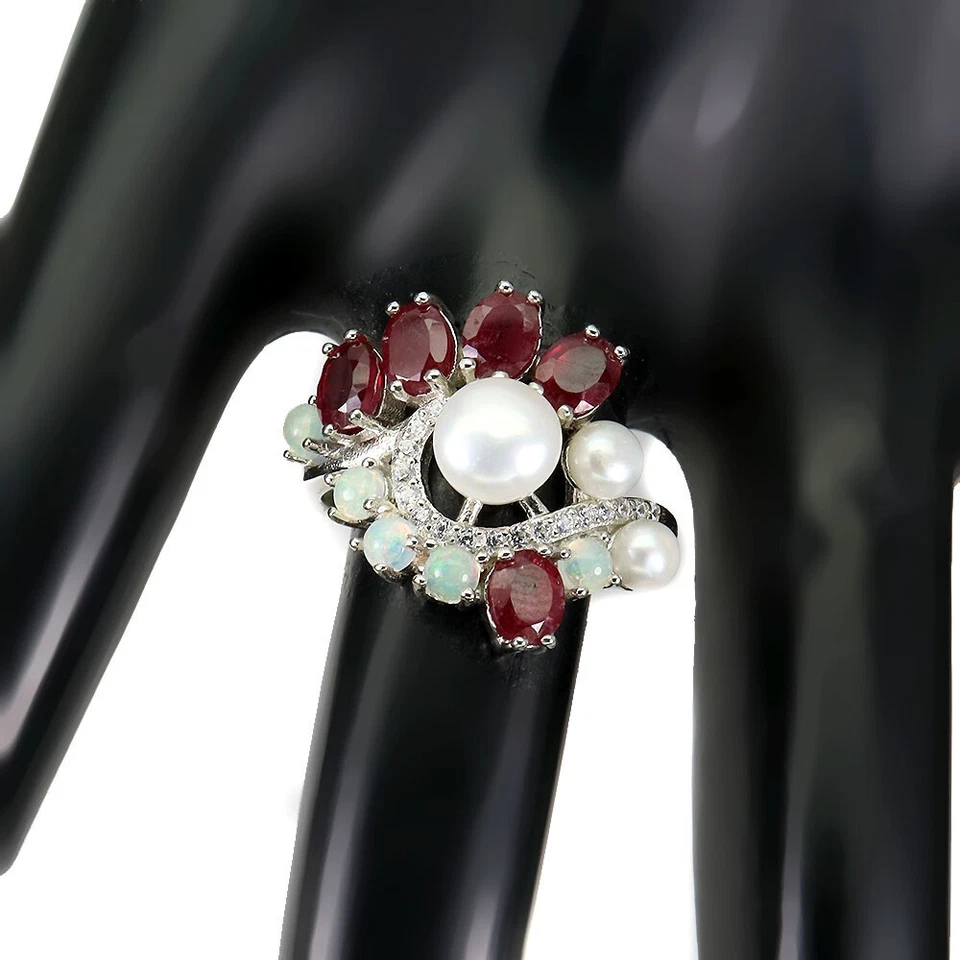 925 Sterling Silber Ring Oval Rubin 5x4mm Feueropal Perle Edelstein Schmuck 8,5 - Bild 3 von 4