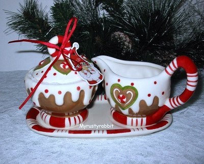 Blue Sky Clayworks Christmas Gingerbread Cream & Sugar Bowl ~ Heather Goldminc