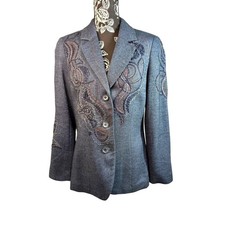 Coldwater Creek Embroidered Blazer Size 8 Blue Paisley Jacket Tailored Career