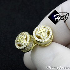 925 STERLING SILVER ICY BAGUETTE CZ CROSS 9MM ROUND GOLD PLATED STUD EARRING 283
