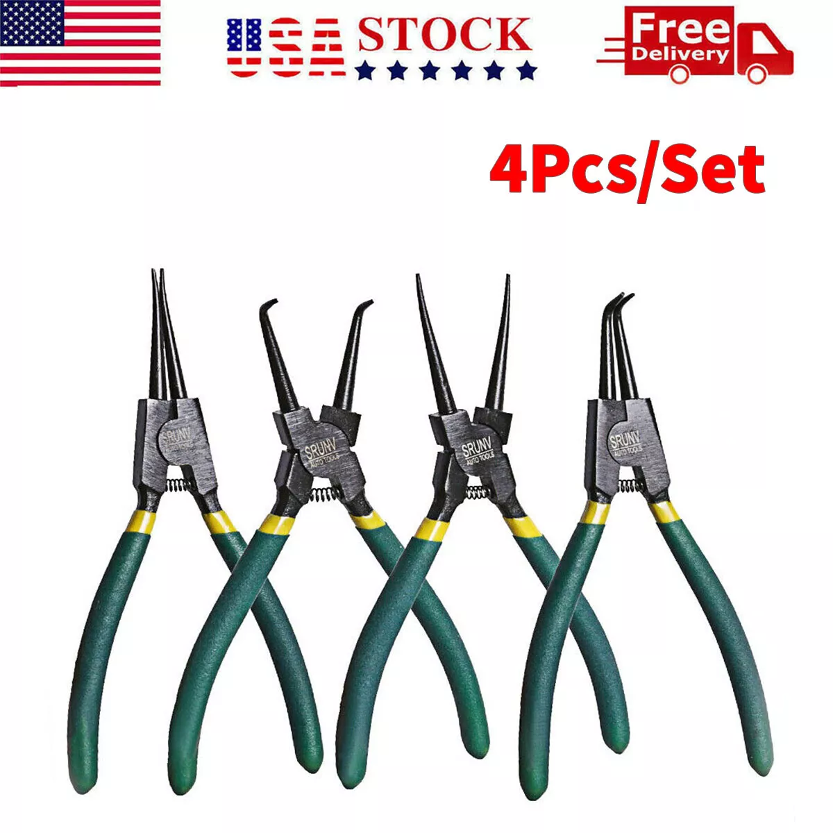 4 PCS Heavy Duty 7 Circlip Plier Snap Ring Plier External Internal Kit USA