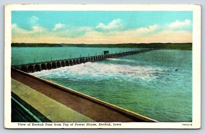 Postcard IA Keokuk View Dam Top Powerhouse Structure Rising C H Rollins Co F6