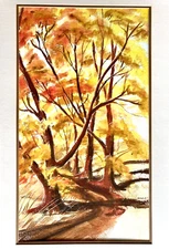 Autumn Trees 28" Goulet California Impressionist Art 50s Watercolor Mid-Century