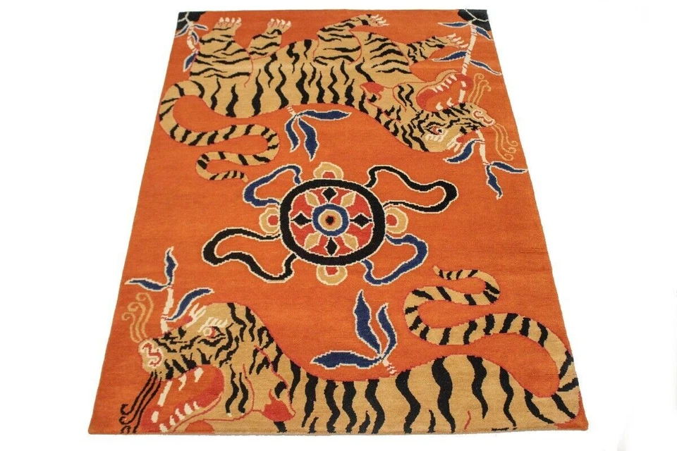 Tapete de lã tufado feito à mão design tibetano laranja oriental padrão tigre tapetes decorativos - Imagem 2 de 4