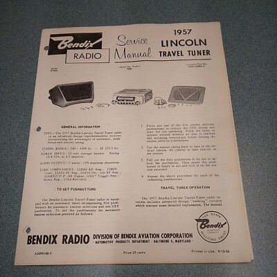 BENDIX Radio Manual 1957 Lincoln Travel Tuner