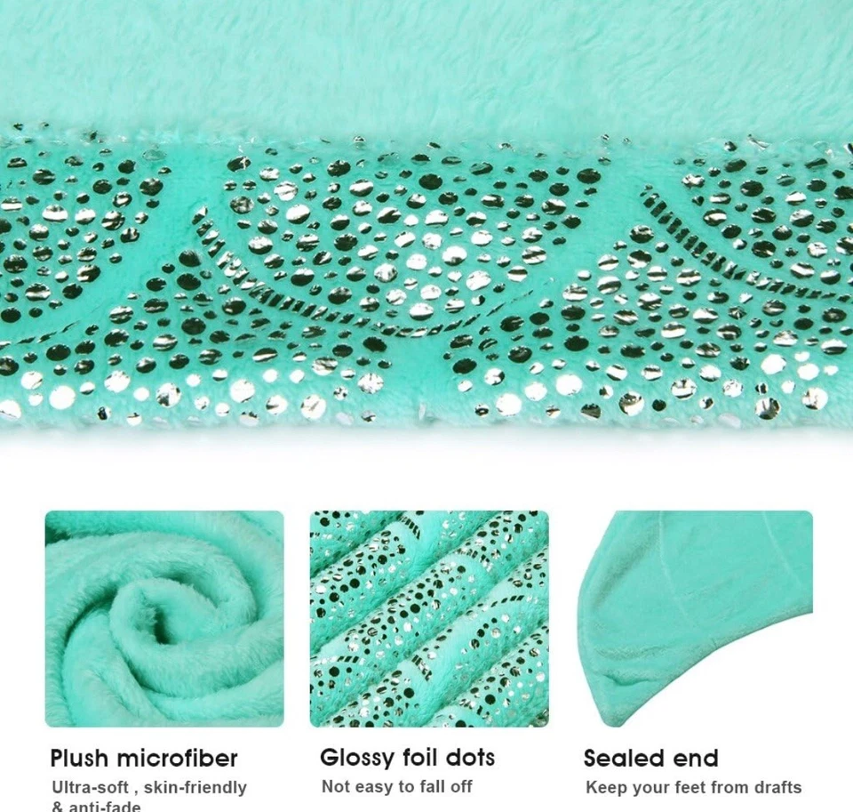Mermaid Tail Green Large Glitter Shimmer Blanket Kids Adults Flannel Soft Girls - Image 3 of 4