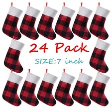 24 Pack Mini Christmas Stockings, 7 inches Buffalo Plaid with Plush Cuff Smal...