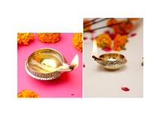 2 Brass Decorative Oil Lamp Kuber Engrave Diyas Diya Hindu Rituals Tika Puja