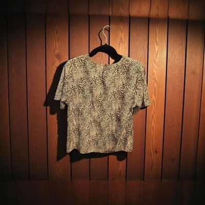 Notations Leopard Print Short Sleeve Blouse M Shoulder Pads Vintage (502)