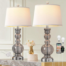3-Way Dimmable Touch Control Clear Grey Glass Table Lamps Set of 2 with USB A C