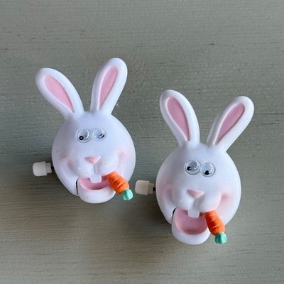 Lot of 2 Vintage Hallmark Easter Bunny Rabbit Wind Up Novelty Lapel Pin Plastic