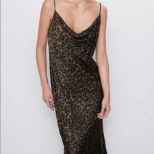 Zara Leopard Print Cowl Neck Midi Slip Dress XS Animal Print Satin