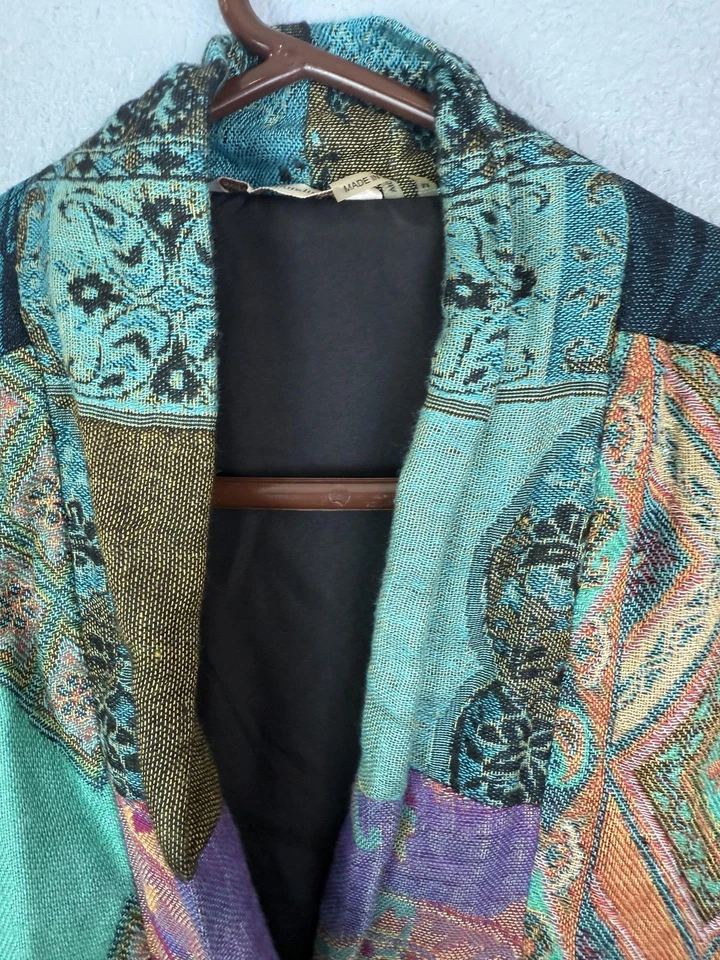 Chaqueta Soft Surroundings Mujer Mediana Multicolor Boho Patchwork Lana Seda India Foto 4 de 4