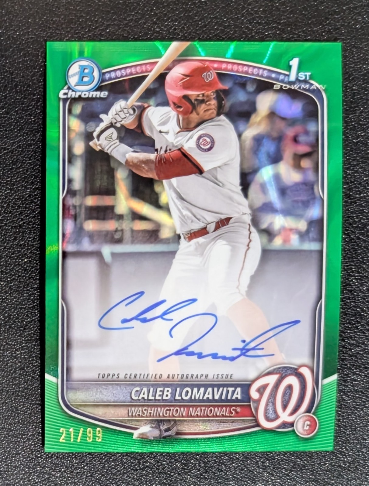 Caleb Lomavita 2025 Bowman Chrome 1st Green Lava Auto /99 Washington Nationals