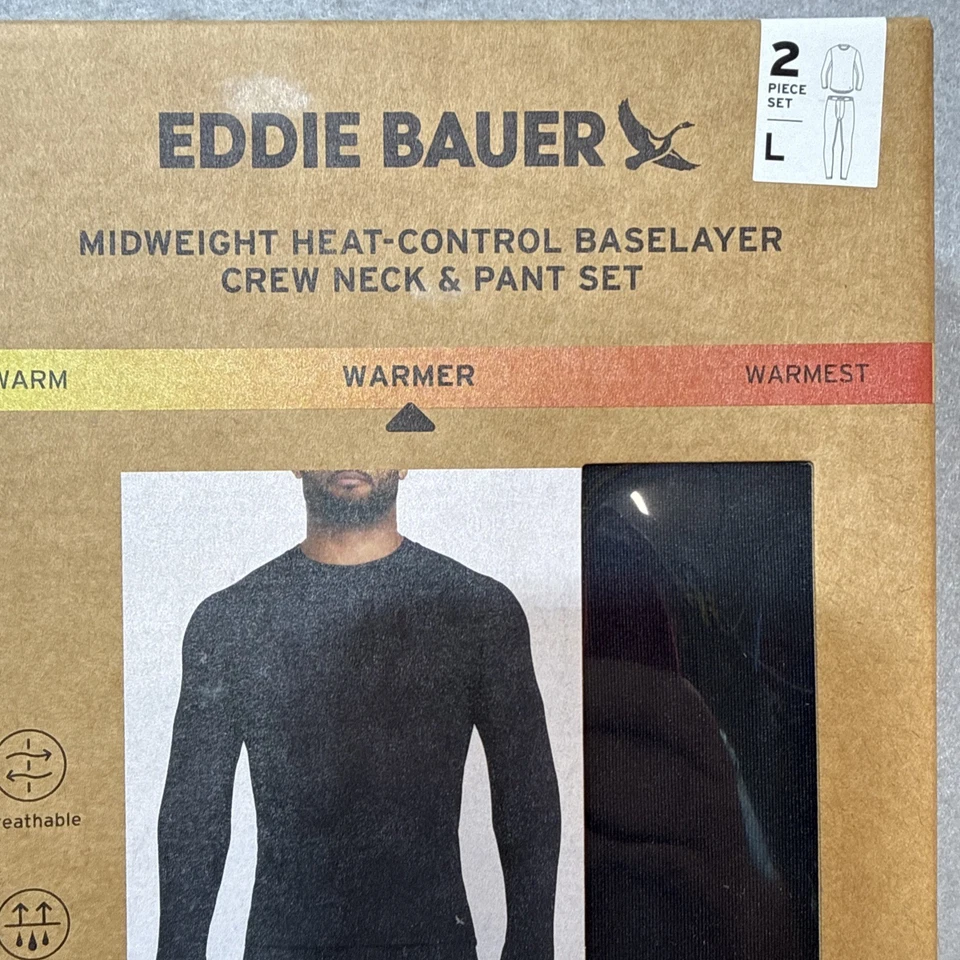 2-Piece Set Eddie Bauer Midweight Base Layer Crew / Pant Set Men L Black SEALED - Image 2 of 4