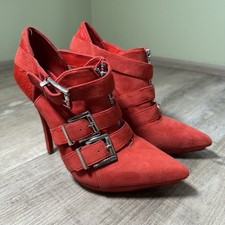 ALDO Red Suede Leather Strappy Buckle Stiletto Pumps Pointed Toe Zip Women's 38