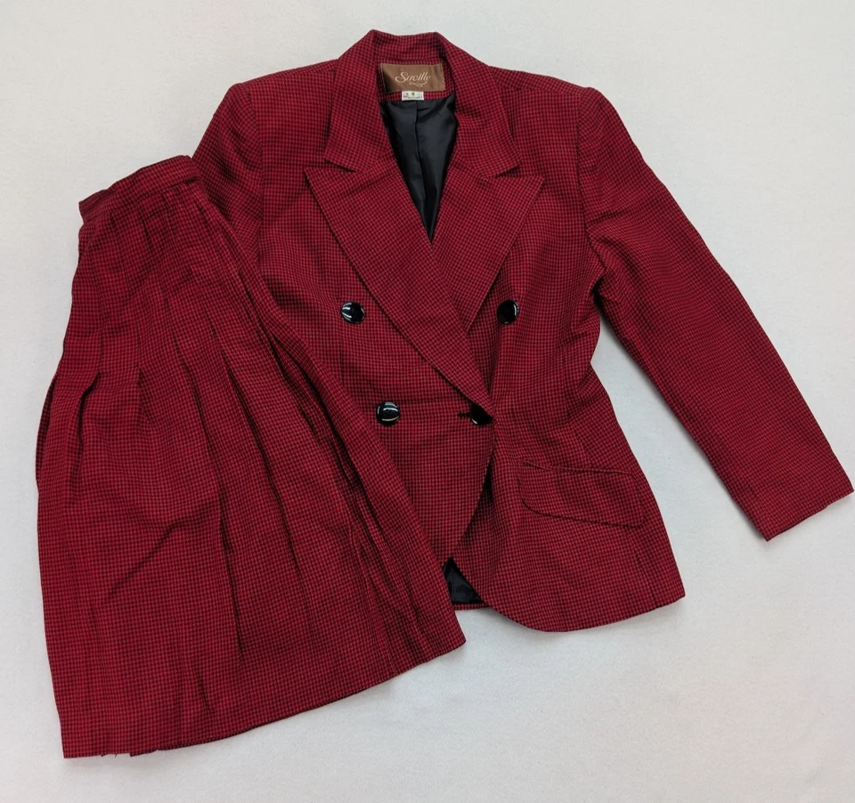 Traje Saville Vintage Años 80 Para Mujer Talla 8 Rojo Pata de Gallo Falda Plisada a Cuadros Foto 2 de 4