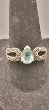 925 Sterling Silver Prong Set Pear Cut Blue Topaz Marcasite Ring Sz 7.5 SJ720 