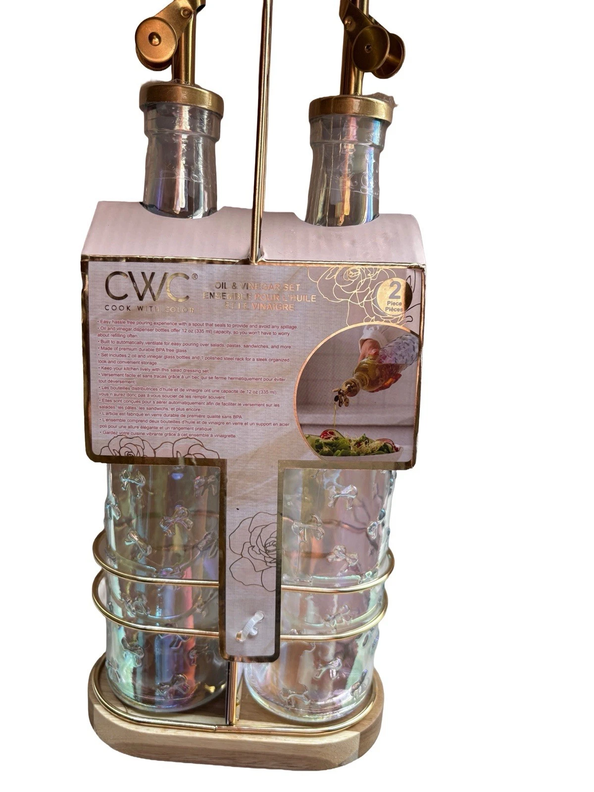 CWC Glass Olive Oil & Vinegar Set Iridescent Glass With Gold Spouts & Stand
