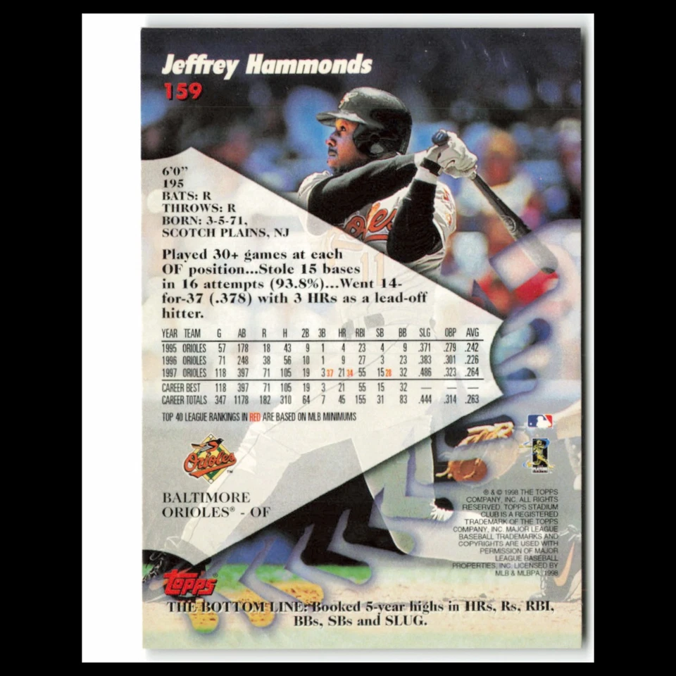 Jeffrey Hammonds #159 1998 Topps Stadium Club Baltimore Orioles Baseball Card NM - Image 2 of 3