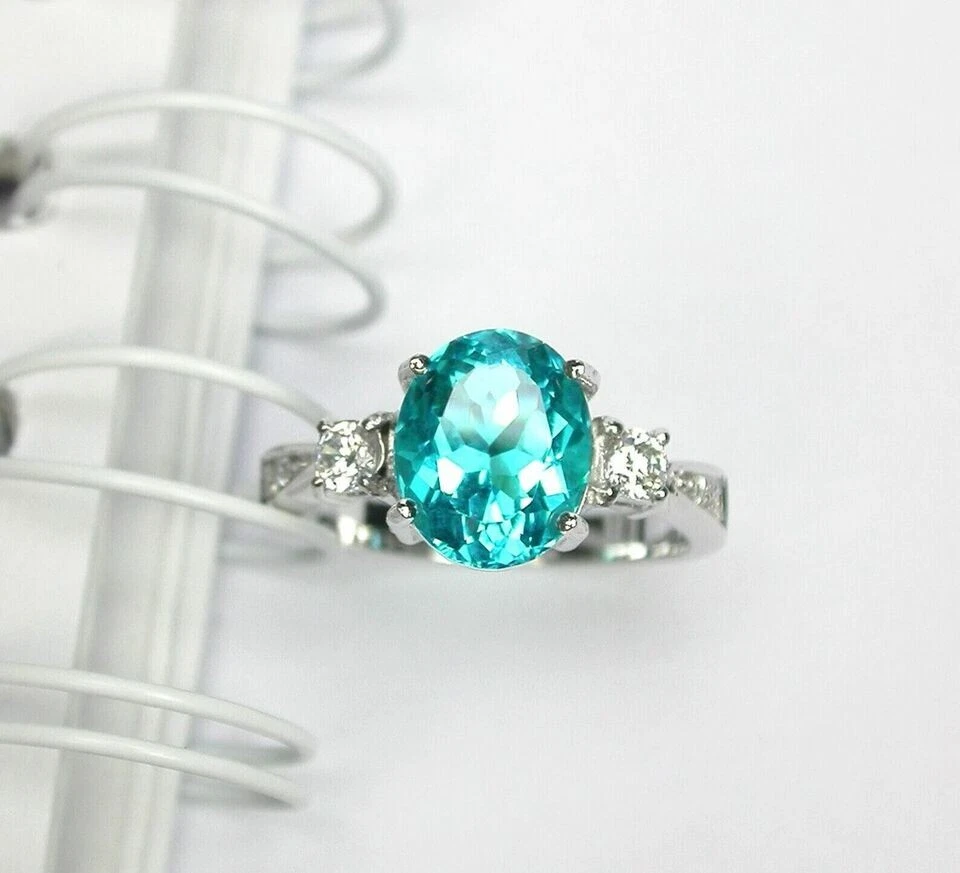 Anillo de Turmalina Paraiba Azul Natural Hecho a Mano Corte Ovalado Anillo de Plata 925 7 EE. UU. Foto 3 de 4