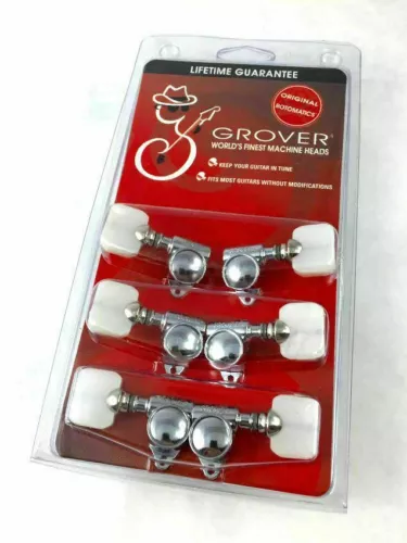 Grover Rotomatic Tuners, Vintage "Milk Bottle" Style, Chrome w/ Pearloid Buttons