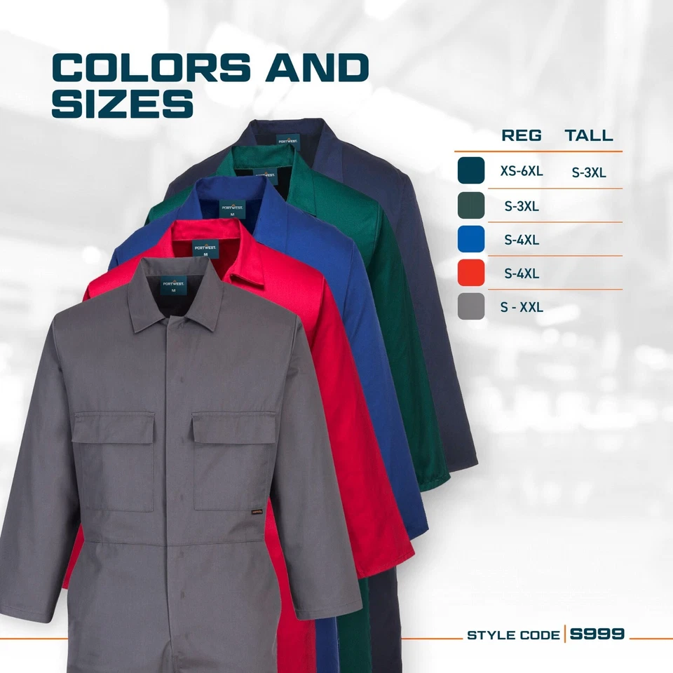 Portwest S999 Men's Work Coveralls Protective Polycotton Overalls Mechanics DIY - Image 3 of 4