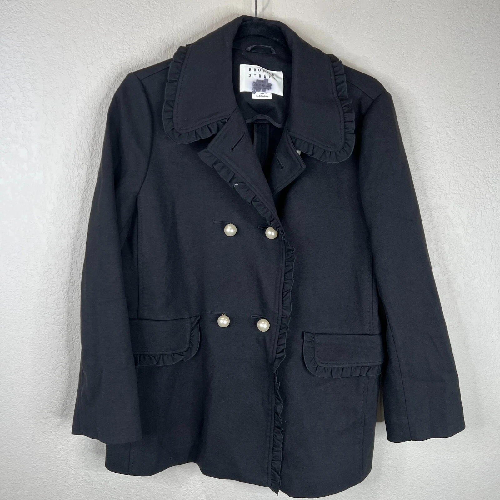 Giacca cappotto donna Kate Spade Broome Street taglia 4 nero volant bottoni perlati ponte