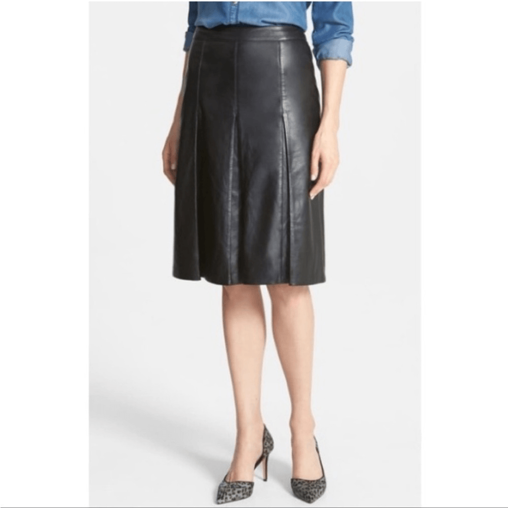 Halogen by Nordstrom Black Pleat 100% real genuine Leather Skirt