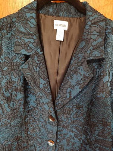 Chico's size 3 (XL/16) blue black floral embroidered two button blazer jacket - Picture 2 of 6
