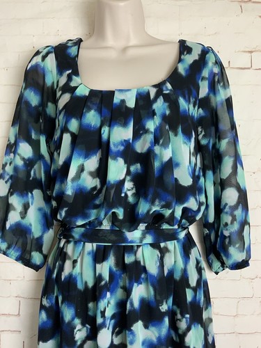 Three Pink Hearts Womens Blue Black Tie Waist 3/4 Sleeve Dress Size S - Picture 2 of 3