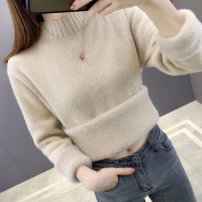 Women Fleece Lined Pullover Knit Sweater Fluffy Jumper Faux Cashmere Mock Neck