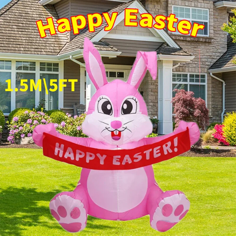 5 FT Easter Pink Bunny Inflatable Lighted Yard Decorations LED Blow Up Rabbit