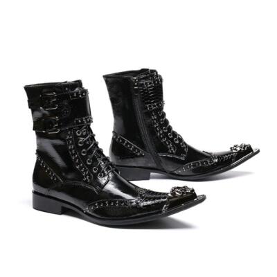 Mens Ankle Boots Metal Pointy Toe Rivet Buckle Lace Up Heel Casual Shoes 2026