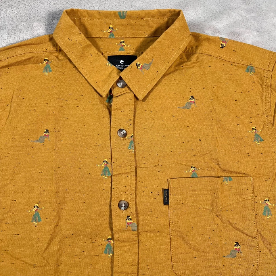 Rip Curl Shirt Mens Size Small Tan Brown Hula Girl Show Short Sleeve Button Up - Image 2 of 4