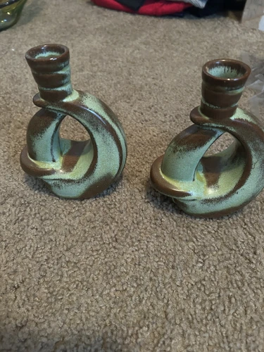 VINTAGE FRANKOMA POTTERY 305  GREEN BROWN 5” CANDLESTICK CANDLE HOLDERS