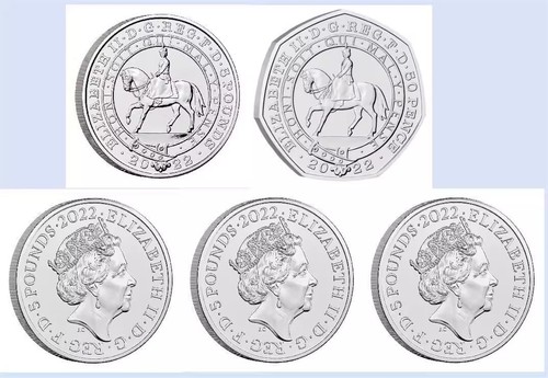 Great Britain UK £5/50P 2022 Queen II Platinum Jubilee & Queen's Reign 5pcs set - Picture 3 of 4