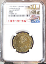 1849 GREAT BRITAIN MODEL FLORIN X-28 VAR BRASS QUEEN VICTORIA NGC MS 61 RARE