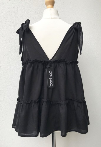 BOOHOO Linen Babydoll Smock Top w/ Tie Straps - Black - Size 6/8 - BNWT - Picture 6 of 9
