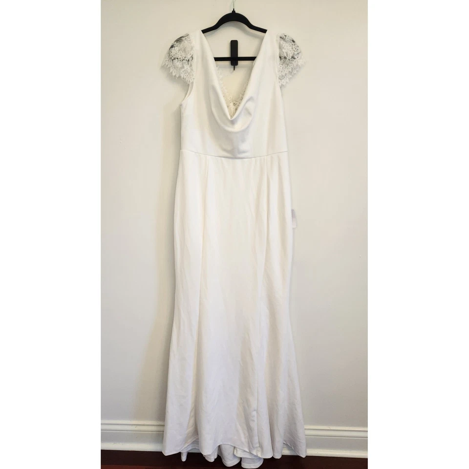 Maxi Vestido Formal Lulus Marfil Encaje Manga Gorra Capucha Cuello Sirena XL NUEVO CON ETIQUETAS Foto 3 de 4