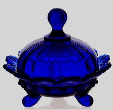 Mosser KLONDYKE CANDY DISH COBALT BLUE Glass Footed Trinket Dish w/ Lid MINT