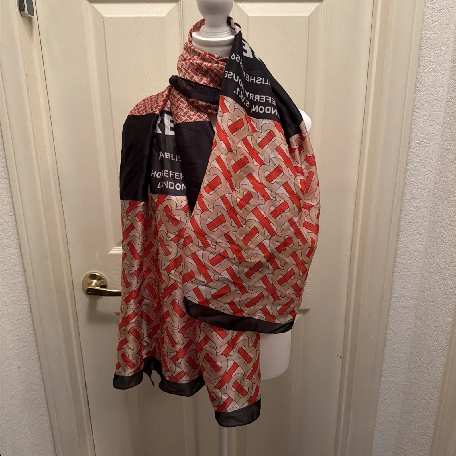 Burberry — Burberry Women's TB Monogram Heritage Silk Scarf 3 Panel Shawl Wrap Red/Orange