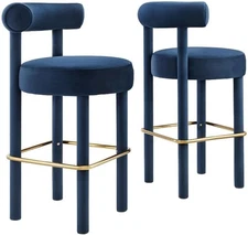 EEI-6710-MID-GLD Toulouse Performance Velvet Bar Stool - Set of 2, Midnight Blue