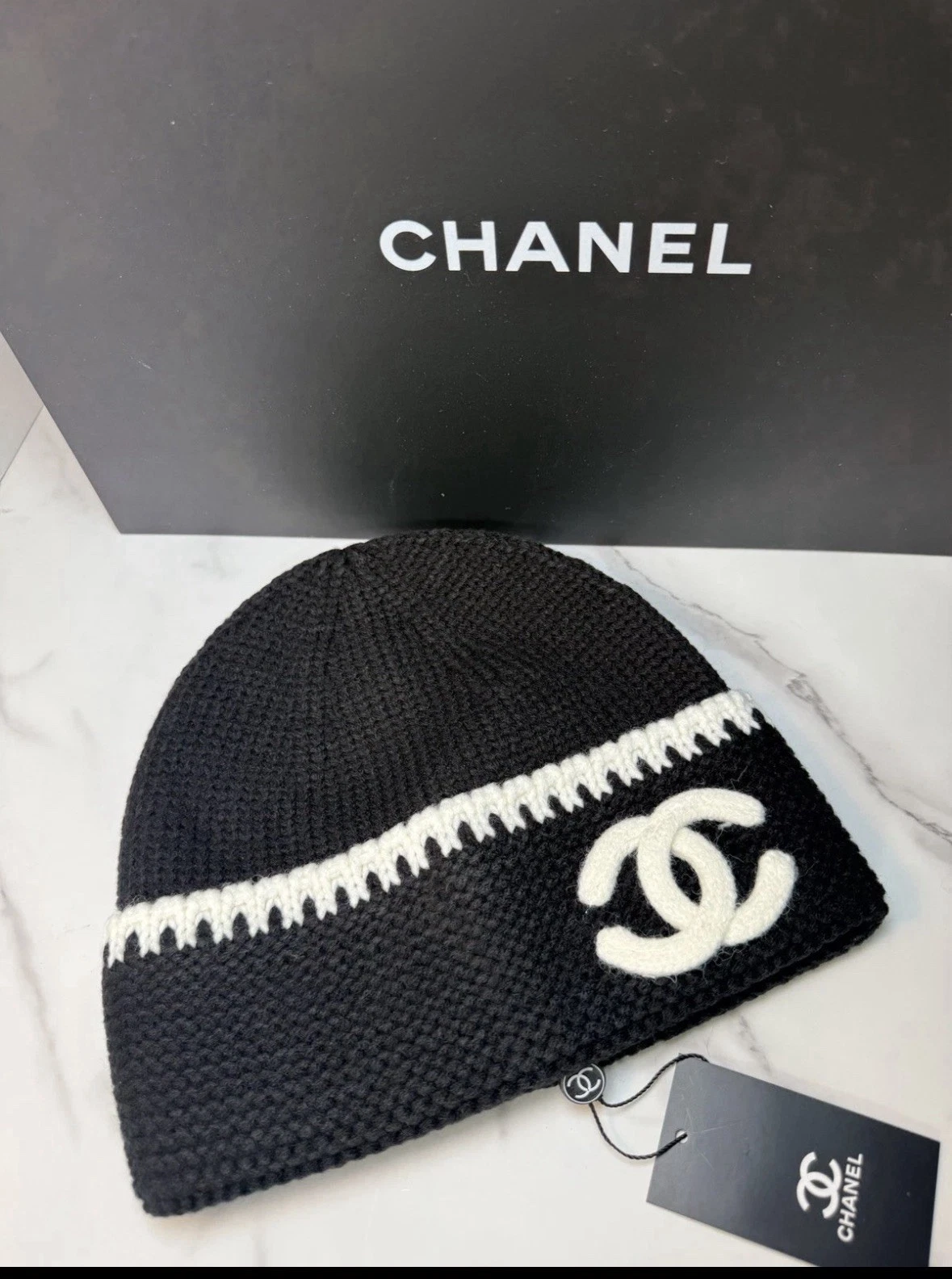CHANEL White Black Knit Beanie Hat Logo Women's One Size Winter