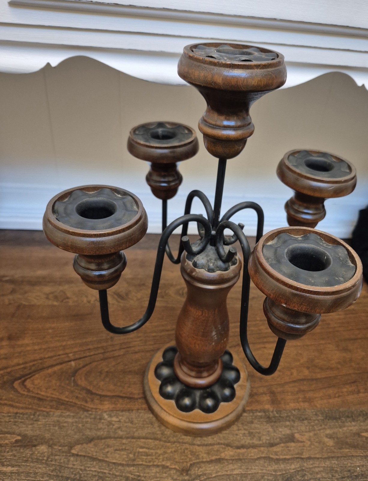Vintage Wood & Metal 5-Arm Candelabra Candle Holder Black wrought iron