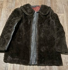 Vintage Black Leather Brown Faux Fur Coat Union Made in USA Sz 14