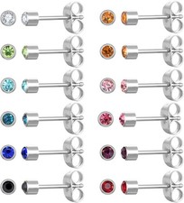 12 Pairs Surgical Stainless Steel Cubic Zirconia Birthstone Stud Earrings Heart