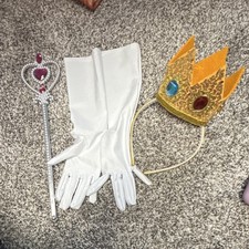 Princess Costume Set Gold Crown Headband, Jeweled Wand White Long Gloves Girls