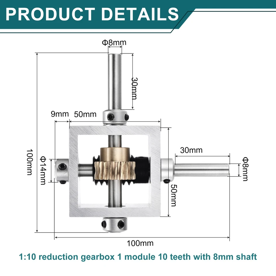1:10 Reduction Gearbox 1 Module 10 Teeth with 8mm Shaft, 100x100x50mm(LxWxH) Foto 3 de 4